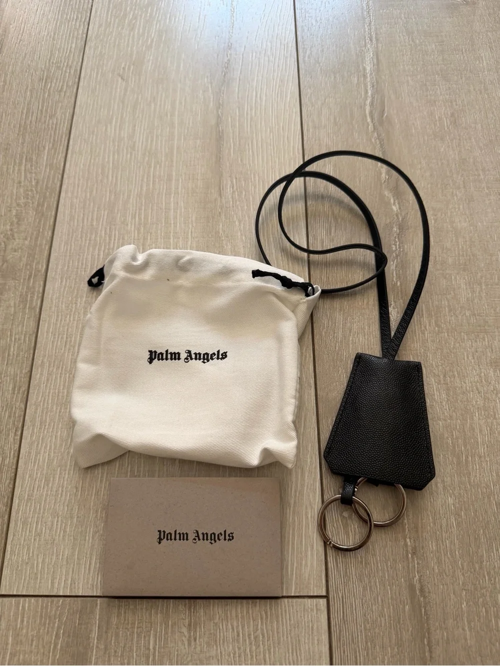 Palm Angels Black Leather Key holder Lanyard with White Logo and Green Palm
